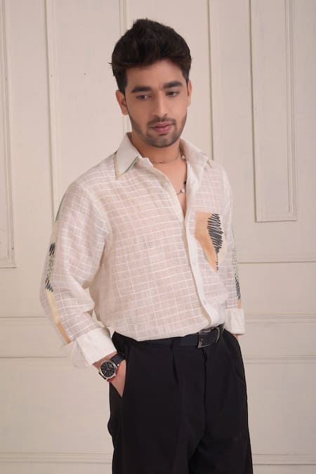 Shwetanga_Ivory Cotton Patchwork Checkered Print Shirt _Online_at_Aza_Fashions