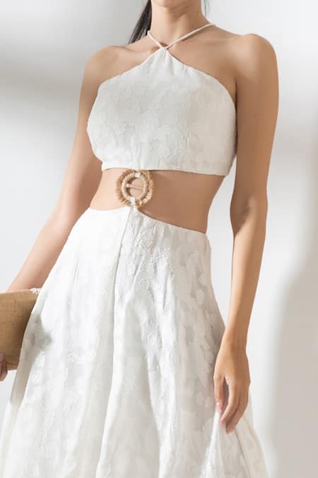 Shop_Amrta By Guneet Kondal_Ivory Viscose, Ramie Embroidery Halter Neck Cut Out Midi Dress _Online_at_Aza_Fashions