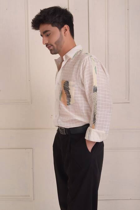 Buy_Shwetanga_Ivory Cotton Patchwork Checkered Print Shirt _Online_at_Aza_Fashions