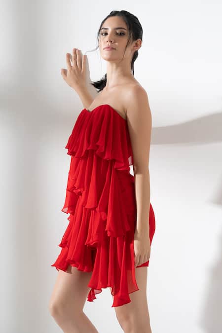 Buy_Amrta By Guneet Kondal_Red Georgette, Viscose Ruffles Sweetheart Neck Tiered Short Dress _Online_at_Aza_Fashions