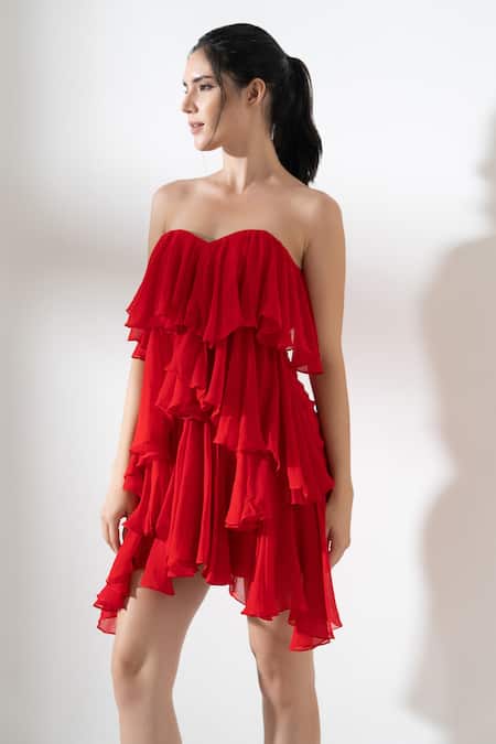 Shop_Amrta By Guneet Kondal_Red Georgette, Viscose Ruffles Sweetheart Neck Tiered Short Dress _Online_at_Aza_Fashions