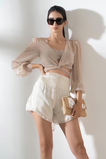 Amrta By Guneet Kondal_Beige Nylon, Viscose Lace V-neck Overlay Blouse And Short Set _Online_at_Aza_Fashions