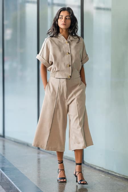 Buy_Leh Studios_Beige Rayon A-line Culottes Pant_Online_at_Aza_Fashions