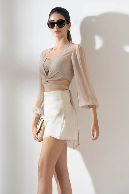 Buy_Amrta By Guneet Kondal_Beige Nylon, Viscose Lace V-neck Overlay Blouse And Short Set _Online_at_Aza_Fashions