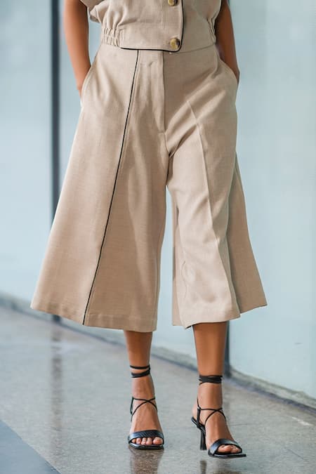 Shop_Leh Studios_Beige Rayon A-line Culottes Pant_Online_at_Aza_Fashions