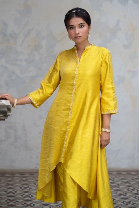Sheela Suthar Green Denim, Silk Embroidery Mandarin Collar Asymmetric Kurta And Pant Set Online at Aza Fashions Sheela Suthar_Green Denim, Silk Embroidery Mandarin Collar Asymmetric Kurta And Pant Set _Online_at_Aza_Fashions