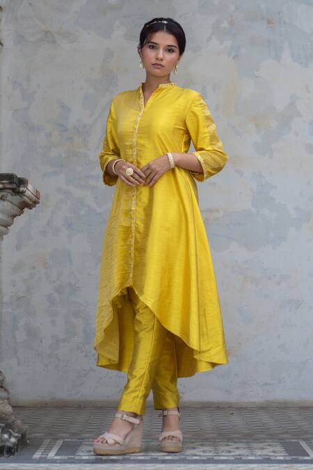 Buy Sheela Suthar Green Denim, Silk Embroidery Mandarin Collar Asymmetric Kurta And Pant Set Online at Aza Fashions Buy_Sheela Suthar_Green Denim, Silk Embroidery Mandarin Collar Asymmetric Kurta And Pant Set _Online_at_Aza_Fashions