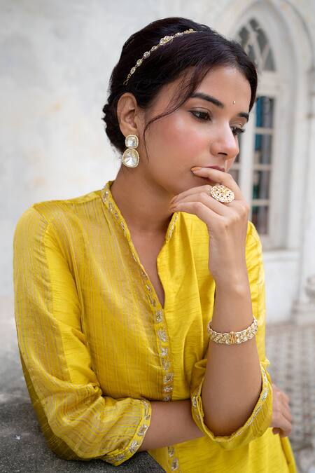 Sheela Suthar Green Denim, Silk Embroidery Mandarin Collar Asymmetric Kurta And Pant Set at Aza Fashions Sheela Suthar_Green Denim, Silk Embroidery Mandarin Collar Asymmetric Kurta And Pant Set _at_Aza_Fashions