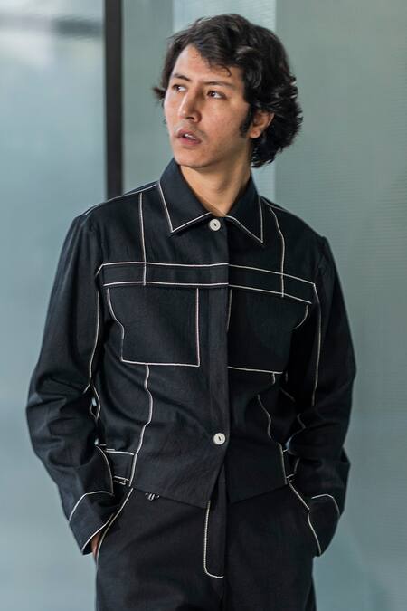 Leh Studios_Black Cotton, Canvas, Twill Steppe Jacket_Online_at_Aza_Fashions