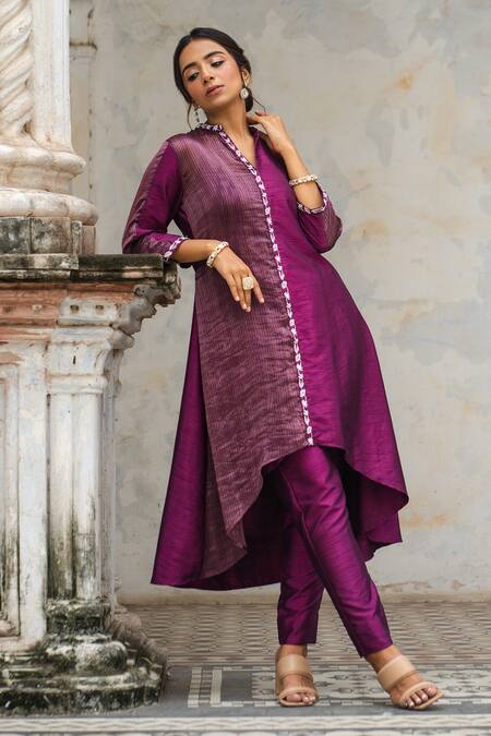 Sheela Suthar Purple Denim, Silk Zari, Embroidery Mandarin Collar, Placket Kurta And Pant Set Online at Aza Fashions Sheela Suthar_Purple Denim, Silk Zari, Embroidery Mandarin Collar, Placket Kurta And Pant Set _Online_at_Aza_Fashions