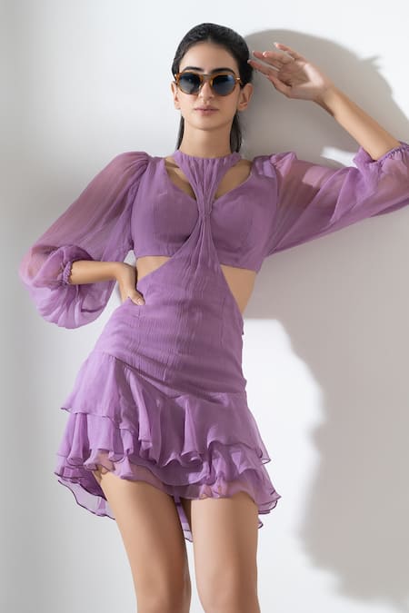 Buy_Amrta By Guneet Kondal_Purple Chiffon, Viscose Fringe Scoop Neck Overlay Skirt Set _Online_at_Aza_Fashions