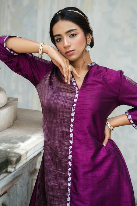 Buy Sheela Suthar Purple Denim, Silk Zari, Embroidery Mandarin Collar, Placket Kurta And Pant Set Online at Aza Fashions Buy_Sheela Suthar_Purple Denim, Silk Zari, Embroidery Mandarin Collar, Placket Kurta And Pant Set _Online_at_Aza_Fashions