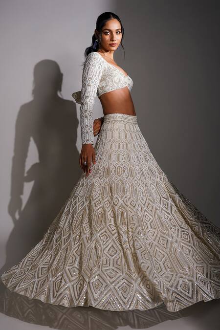 Ritika Mirchandani_Ivory Net, Crepe And Double Georgette Resham, Geometric Pattern Lehenga Set _Online_at_Aza_Fashions