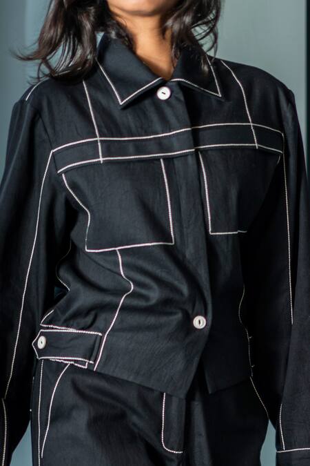 Shop Leh Studios Black Cotton Embroidery Collared Thread Steppe Jacket Online at Aza Fashions Shop_Leh Studios_Black Cotton Embroidery Collared Thread Steppe Jacket _Online_at_Aza_Fashions