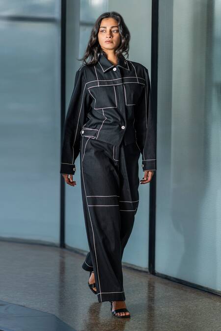 Leh Studios Black Cotton, Canvas, Twill Embroidery Anchor Thread Placement Pant Online at Aza Fashions Leh Studios_Black Cotton, Canvas, Twill Embroidery Anchor Thread Placement Pant _Online_at_Aza_Fashions