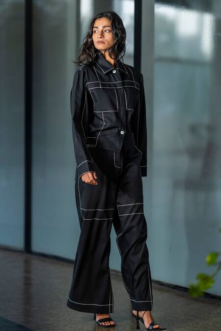 Leh Studios Black Cotton Embroidery Collared Thread Steppe Jacket at Aza Fashions Leh Studios_Black Cotton Embroidery Collared Thread Steppe Jacket _at_Aza_Fashions