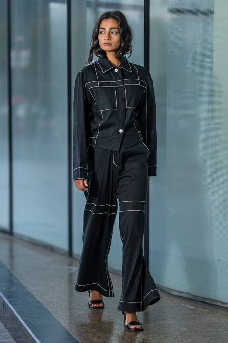 Buy Leh Studios Black Cotton Embroidery Collared Thread Steppe Jacket Buy_Leh Studios_Black Cotton Embroidery Collared Thread Steppe Jacket