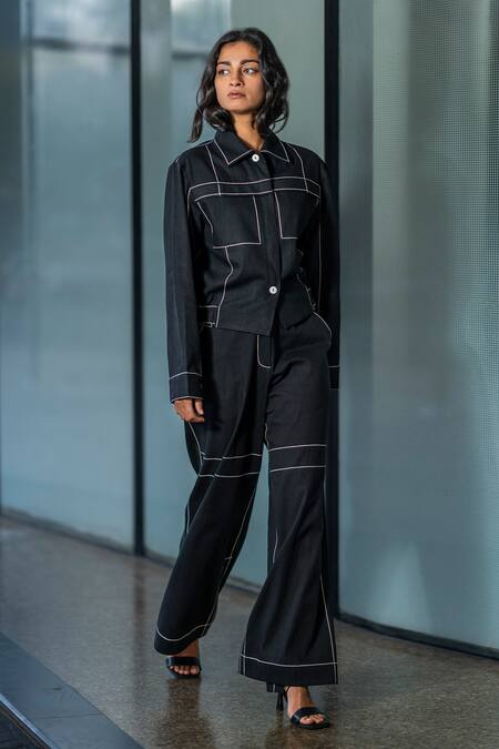 Shop Leh Studios Black Cotton Embroidery Collared Thread Steppe Jacket Shop_Leh Studios_Black Cotton Embroidery Collared Thread Steppe Jacket