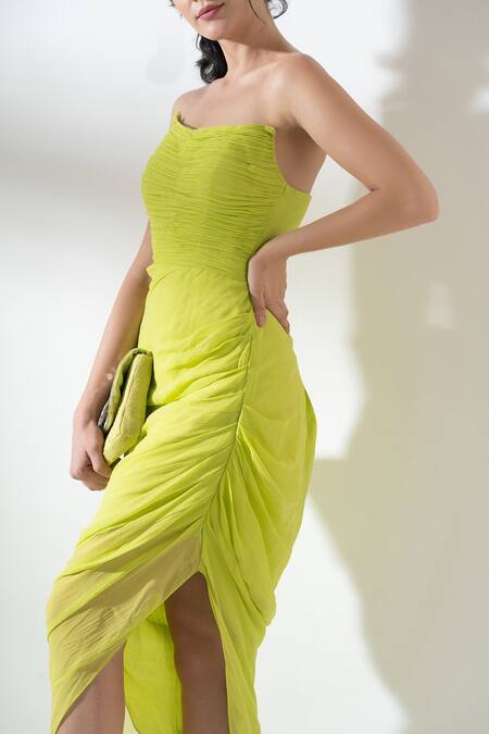 Buy_Amrta By Guneet Kondal_Green Georgette, Viscose Square Neck Draped And Pleated Midi Dess_Online_at_Aza_Fashions
