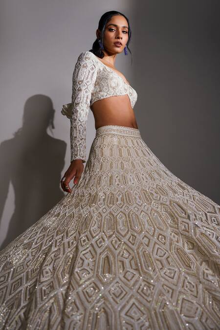 Buy_Ritika Mirchandani_Ivory Net, Crepe And Double Georgette Resham, Geometric Pattern Lehenga Set _Online_at_Aza_Fashions