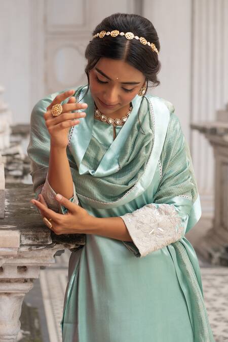 Sheela Suthar Green Gingham, Chanderi, Silk, Gabardine, Kurta Set With Stripe Pattern Dupatta Online at Aza Fashions Sheela Suthar_Green Gingham, Chanderi, Silk, Gabardine, Kurta Set With Stripe Pattern Dupatta _Online_at_Aza_Fashions