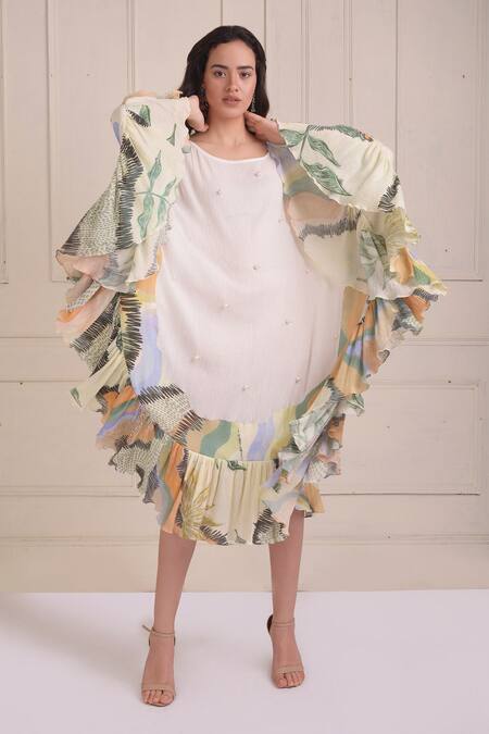 Shwetanga_Ivory Cotton Pearls, Embroidery Round Neck Organic Dress _Online_at_Aza_Fashions