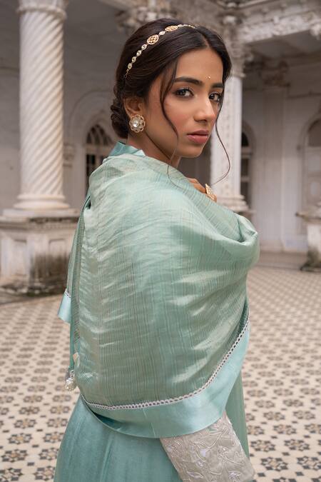 Buy Sheela Suthar Green Gingham, Chanderi, Silk, Gabardine, Kurta Set With Stripe Pattern Dupatta Online at Aza Fashions Buy_Sheela Suthar_Green Gingham, Chanderi, Silk, Gabardine, Kurta Set With Stripe Pattern Dupatta _Online_at_Aza_Fashions