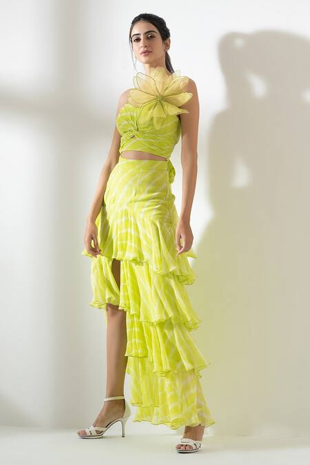 Amrta By Guneet Kondal_Yellow Viscose, Georgette Fabric Sorrento 3d Applique Top And Tiered Skirt Set_Online_at_Aza_Fashions