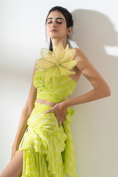 Buy_Amrta By Guneet Kondal_Yellow Viscose, Georgette Fabric Sorrento 3d Applique Top And Tiered Skirt Set_Online_at_Aza_Fashions