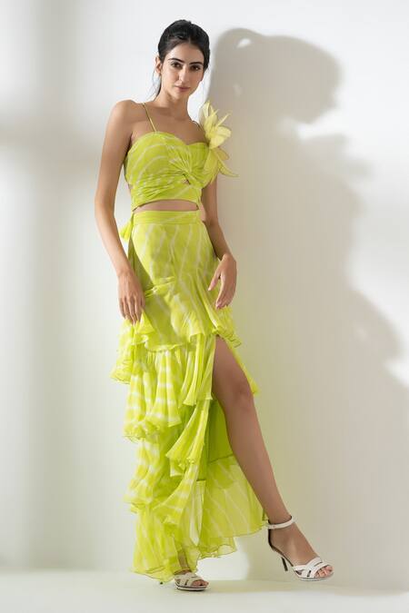 Shop_Amrta By Guneet Kondal_Yellow Viscose, Georgette Fabric Sorrento 3d Applique Top And Tiered Skirt Set_Online_at_Aza_Fashions