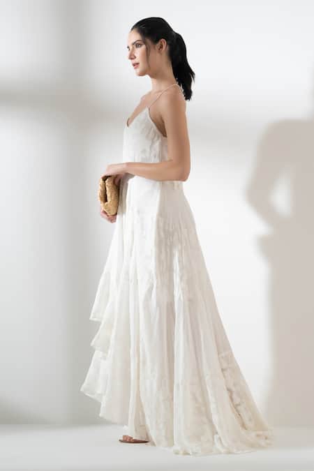 Amrta By Guneet Kondal_Ivory Viscose Embroidery Halter Neck Tiered Maxi Dress _Online_at_Aza_Fashions