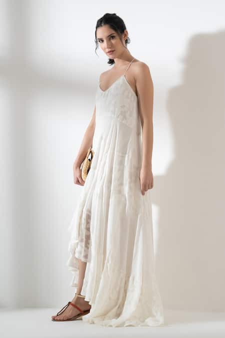Buy_Amrta By Guneet Kondal_Ivory Viscose Embroidery Halter Neck Tiered Maxi Dress _Online_at_Aza_Fashions