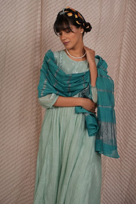 Pants And Pajamas_Blue Chanderi, Cotton, Magnet Aqua Chikankari Kurta Pant And Dupatta - Set Of 3 _Online_at_Aza_Fashions
