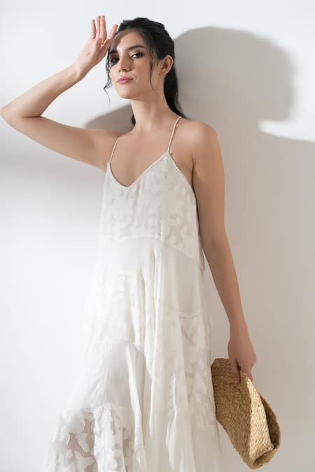 Shop_Amrta By Guneet Kondal_Ivory Viscose Embroidery Halter Neck Tiered Maxi Dress _Online_at_Aza_Fashions
