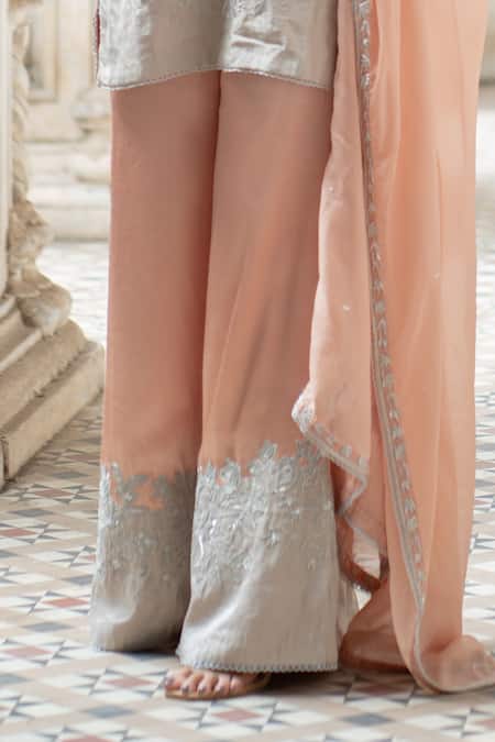 Buy Sheela Suthar Peach Organza, Tissue, Gingham, Gabardine Embroidery, Zardozi Kurta Sharara Set Online at Aza Fashions Buy_Sheela Suthar_Peach Organza, Tissue, Gingham, Gabardine Embroidery, Zardozi Kurta Sharara Set _Online_at_Aza_Fashions