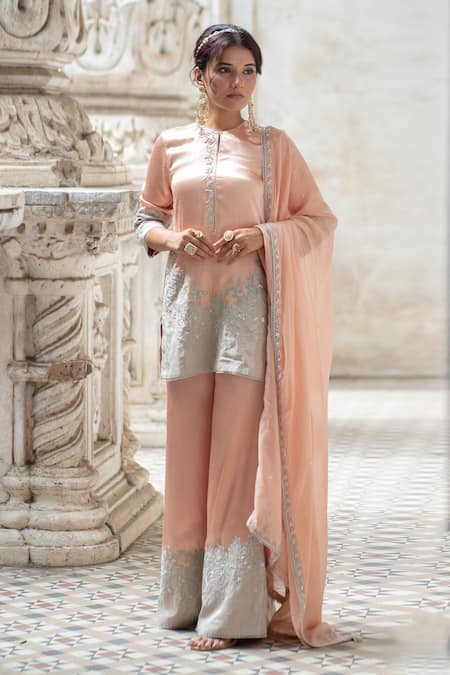 Shop Sheela Suthar Peach Organza, Tissue, Gingham, Gabardine Embroidery, Zardozi Kurta Sharara Set Online at Aza Fashions Shop_Sheela Suthar_Peach Organza, Tissue, Gingham, Gabardine Embroidery, Zardozi Kurta Sharara Set _Online_at_Aza_Fashions