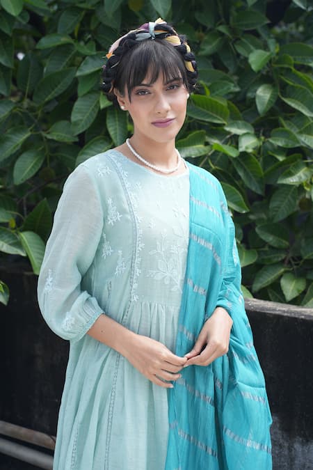 Buy_Pants And Pajamas_Blue Chanderi, Cotton, Magnet Aqua Chikankari Kurta Pant And Dupatta - Set Of 3 _Online_at_Aza_Fashions