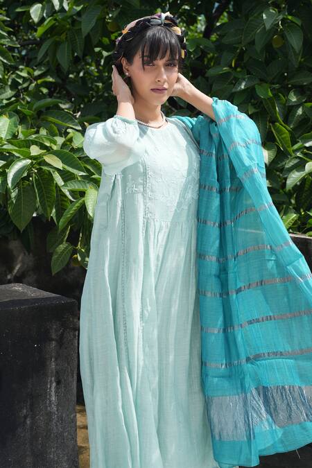 Shop_Pants And Pajamas_Blue Chanderi, Cotton, Magnet Aqua Chikankari Kurta Pant And Dupatta - Set Of 3 _Online_at_Aza_Fashions