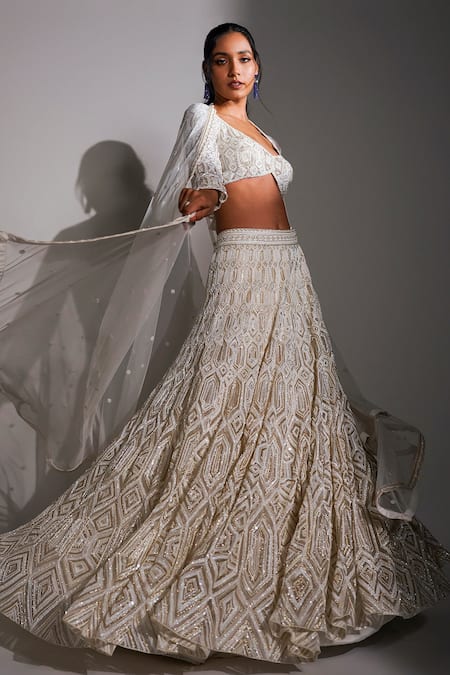 Shop_Ritika Mirchandani_Ivory Net, Crepe And Double Georgette Resham, Geometric Pattern Lehenga Set _Online_at_Aza_Fashions