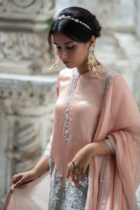 Sheela Suthar Peach Organza, Tissue, Gingham, Gabardine Embroidery, Zardozi Kurta Sharara Set at Aza Fashions Sheela Suthar_Peach Organza, Tissue, Gingham, Gabardine Embroidery, Zardozi Kurta Sharara Set _at_Aza_Fashions
