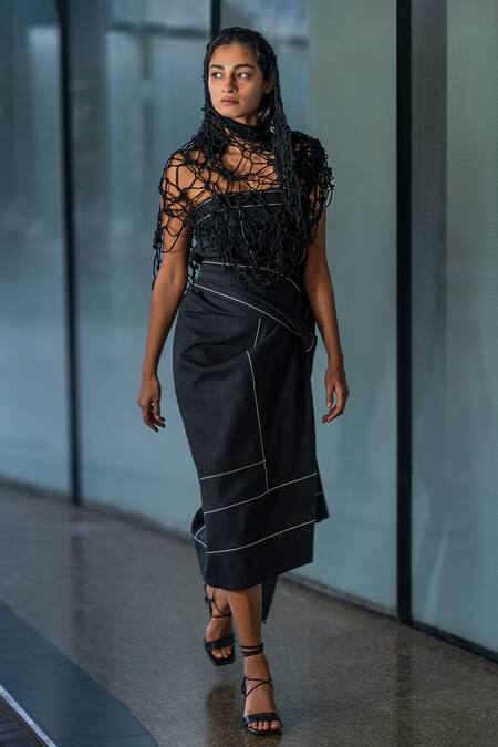 Leh Studios_Black Cotton Bandeau Neck Asymmetrical Wrap Dress_Online_at_Aza_Fashions