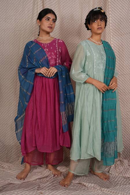 Buy_Pants And Pajamas_Blue Chanderi, Cotton, Silk Magnet Aqua Chikankari Kurta And Pant - Set Of 2 