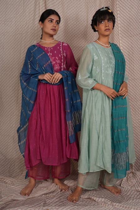 Pants And Pajamas_Blue Chanderi, Cotton, Magnet Aqua Chikankari Kurta Pant And Dupatta - Set Of 3 _at_Aza_Fashions