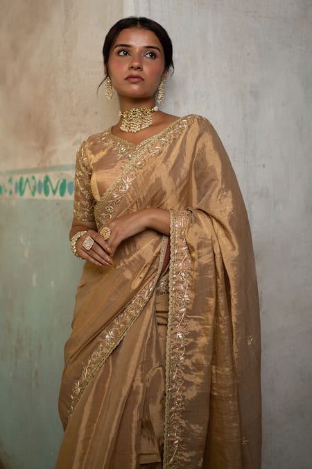 Buy Sheela Suthar Gold Tissue Zari Zardozi Embroidered Saree With Running Blouse Online at Aza Fashions Buy_Sheela Suthar_Gold Tissue Zari Zardozi Embroidered Saree With Running Blouse _Online_at_Aza_Fashions