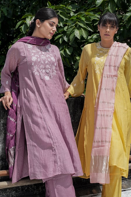 Pants And Pajamas_Yellow Chanderi, Water Color Chikankari Kurta Pant And Dupatta - Set Of 3 _Online_at_Aza_Fashions