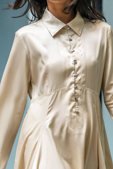 Buy_Leh Studios_Ivory Satin Collared Handkerchief Dress_Online_at_Aza_Fashions