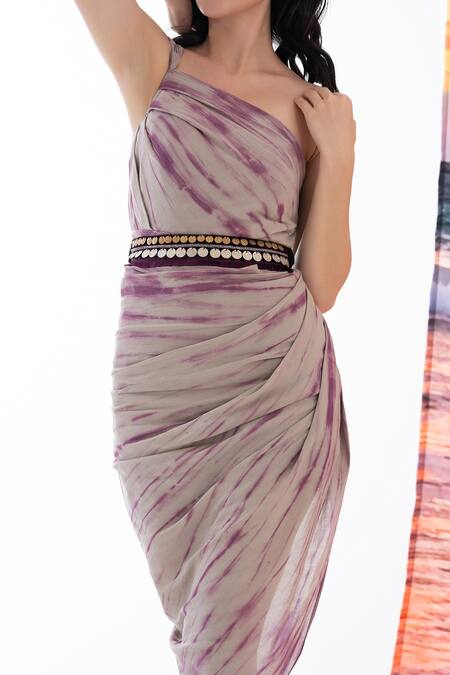 Amrta By Guneet Kondal_Beige Viscose One Shoulder Dyed Asymmetrical Midi Dress_Online_at_Aza_Fashions