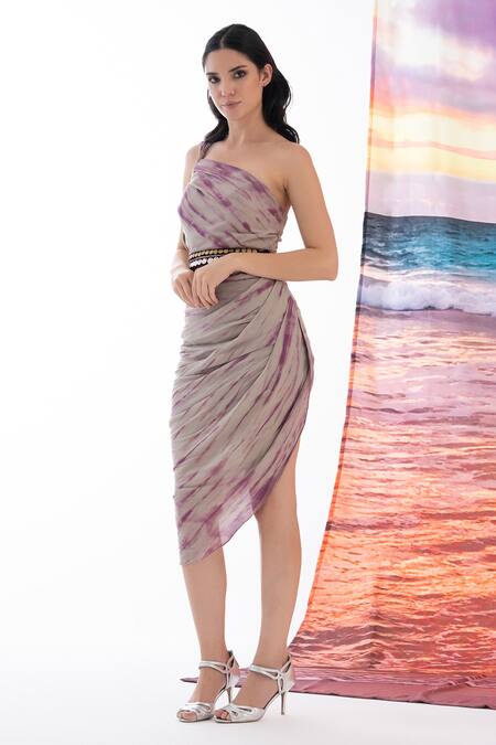 Buy_Amrta By Guneet Kondal_Beige Viscose One Shoulder Dyed Asymmetrical Midi Dress_Online_at_Aza_Fashions