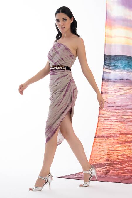 Shop_Amrta By Guneet Kondal_Beige Viscose One Shoulder Dyed Asymmetrical Midi Dress_Online_at_Aza_Fashions