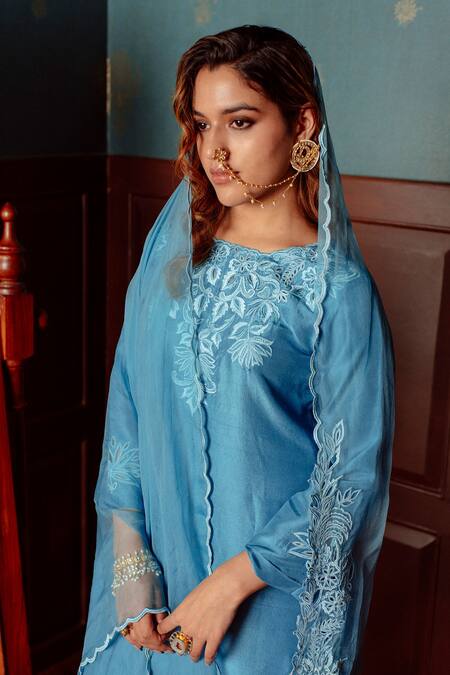 LAHARIO_Blue , Organza, Denim Embroidery, Cut Work Kurta Bell Bottom Pant Set _Online_at_Aza_Fashions